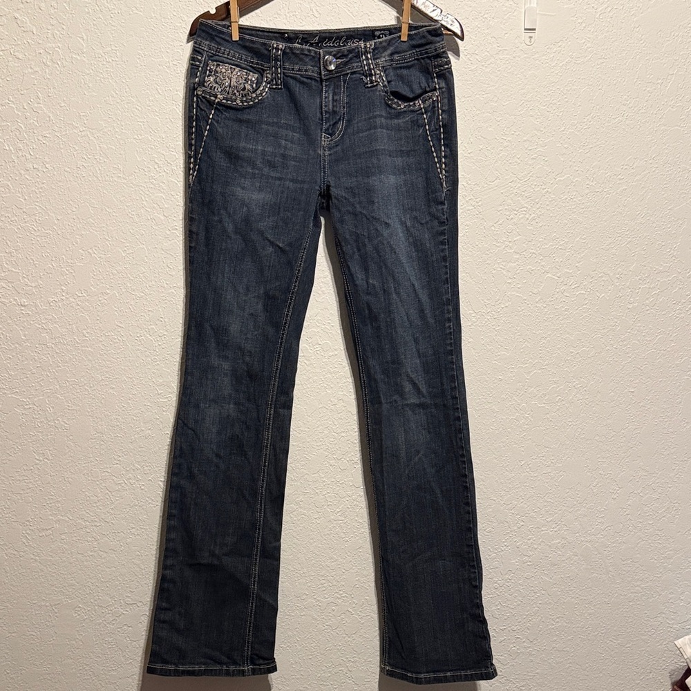 L.A. Idol Dark Blue Bootcut Jeans Embellished Flap Pockets Faux Jewel Women’s 11